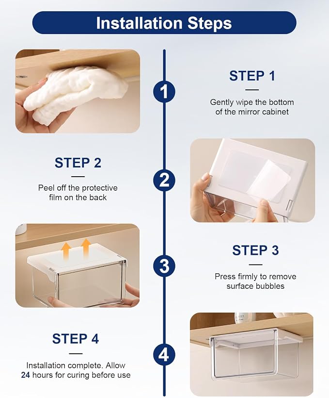 Hanging Cabinet Organizer – 33° Tilted Under Desk Drawer & Bathroom Storage – Self-Adhesive Clear Pull-Out Bins for Kitchen, Office & Vanity (Small)