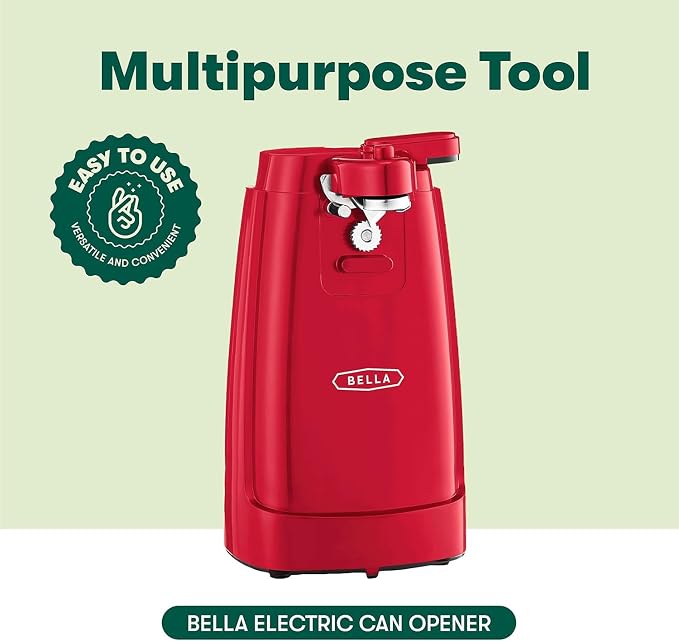bella Electric Can Opener and Knife Sharpener, Removable Cutting Lever, Cord Storage, Stainless Steel Blade, Red