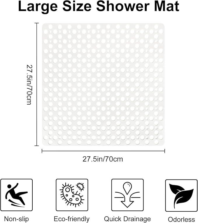 Anti Slip Shower Mat with Suction Cups,27x27 Inch Quick Drain TPE Non Slip Shower Mats for Inside Shower,Large Bath Mat for Shower Soft on Feet, Easy to Dry&Cut Machine Washable
