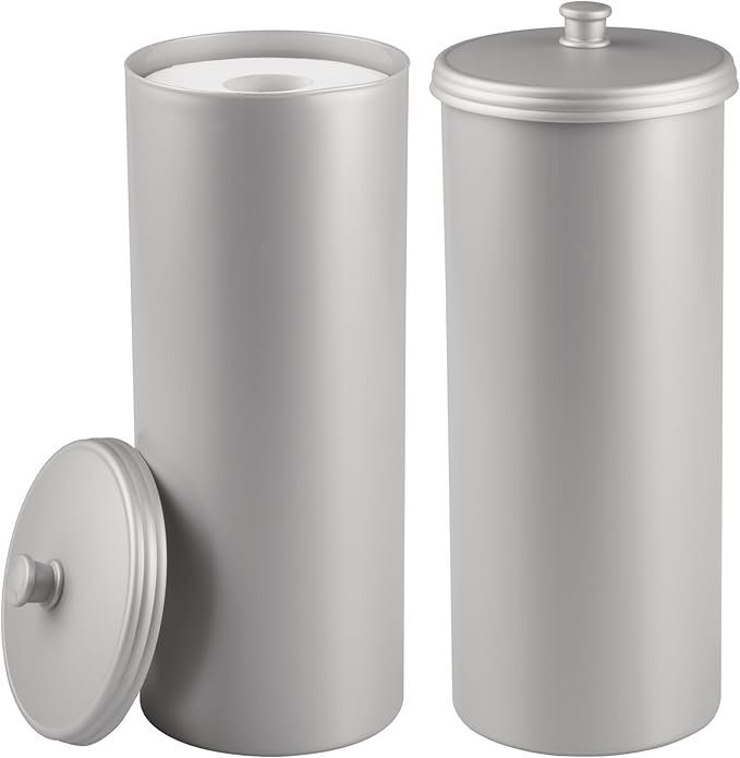 iDesign Freestanding Bathroom Toilet Paper Storage Holder with Lid for 3 Extra Rolls, 2-Pack, Silver