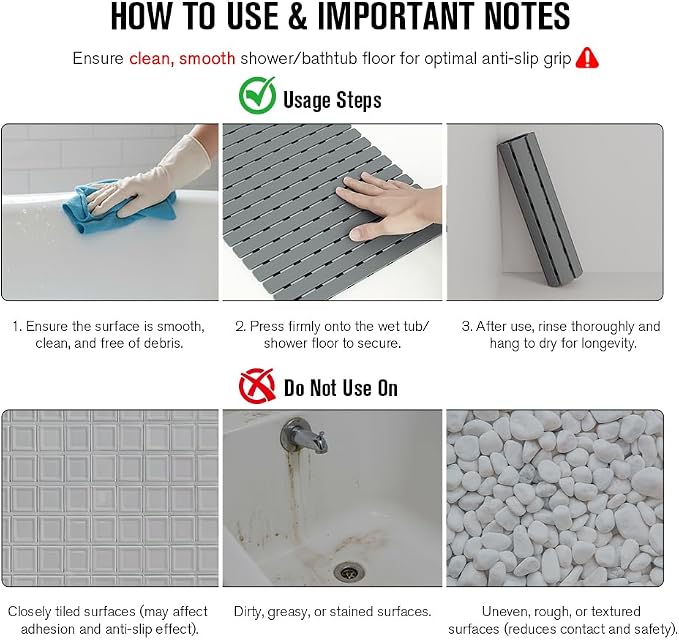 MBOSS Bathtub Mat Non Slip, Shower Mat for Inside Shower, Suction Cups Design and Drain Holes, 27.5 X 15.7 Inch, Bathroom Essentials Safe, Easy to DIY Cut, Soft and Eco-Friendly Materials