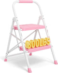 BONTEC 2-Step Ladder, Folding Step Stool, 600lbs Max Load Capacity, Sturdy Steel, Non-Slip Pedals, Lightweight, Portable Steel Ladder with Convenient Handrail, Safety Design for Home & Work, Pink