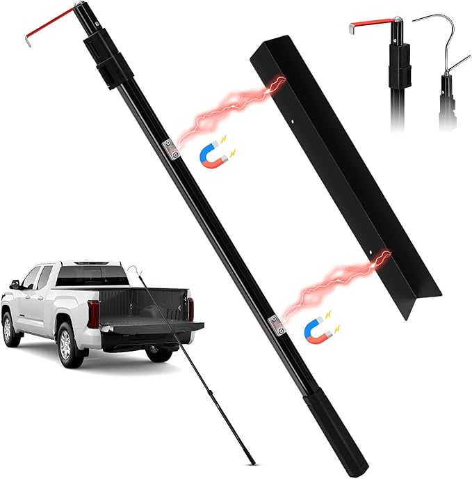 6.9 Ft Magnetically Mounted Truck Cargo Grabber Reach Retriever Tool with Two Hooks, Upgraded Extendable Telescoping Pickup Truck Bed Retriever Tool Magnetic Heavy Duty Truck Bed Accessories