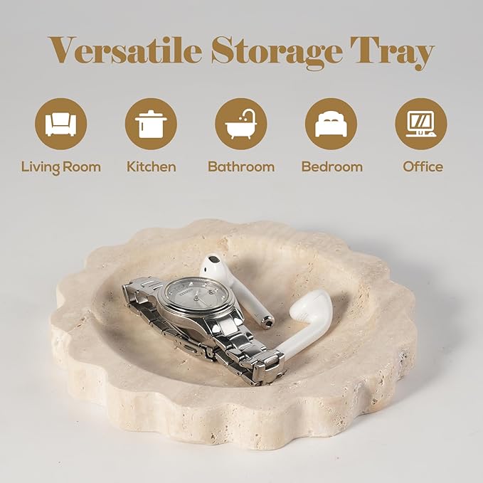 Koville 5.51" Travertine Tray, Natural Stone Trinket Dish for Ring Perfume, Round Scalloped Decorative Tray for Bathroom Vanity Dresser Countertop, Home Table Decor