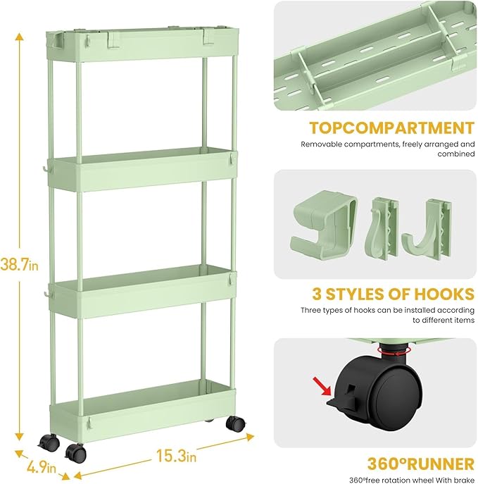SPACELEAD 2-piece Set Slim Storage Cart 3 Tier,Bathroom Organizer Rolling Utility,Mobile Shelving Unit Slide Out for Office, Kitchen, Laundry Room & Narrow Places