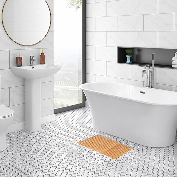 Bamboo Bath Mat Bathroom Rugs Floor Wood Shower Bathtub Waterproof Non Slip Accessories 16x24 Inch Easy to Clean, Natural Bamboo, 1 pc