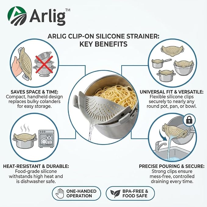 Arlig Clip On Pasta Strainer Silicone Universal Fit for all Pots and Bowls Snap On Drainer for Meat, Vegetables, Fruit Colander for Kitchen Easily Drain Food Space Saving