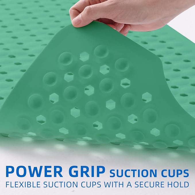 ZHICHENG Bath Tub and Shower Mats, Non-Slip 39 x 16 Inch Extra Long Bath Mat, Machine Washable Bathtub Mat with Drain Holes, Suction Cups for Bathroom (Green)