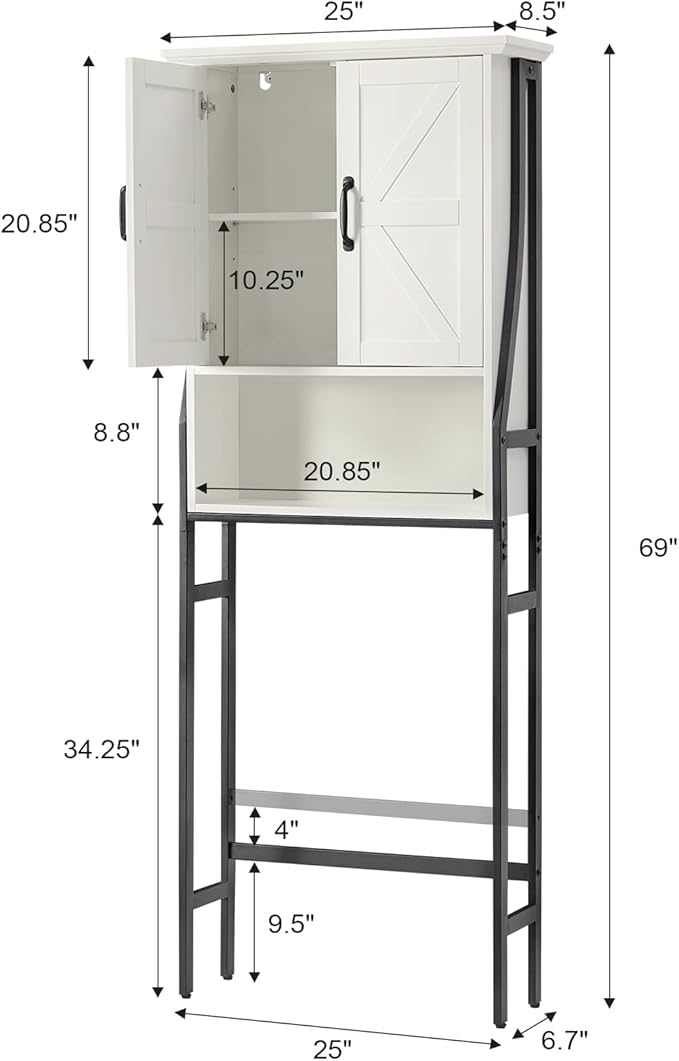 Over The Toilet Storage Cabinet, Over Toilet Bathroom Organizer, Above Toilet Storage Cabinet with Barn Doors Behind Toilet Bathroom Organizer (Cream White)