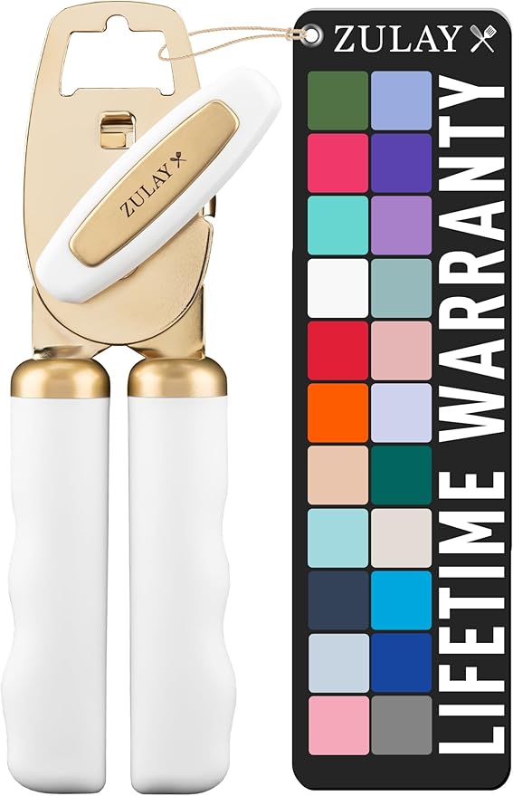 Zulay Kitchen Heavy Duty Stainless Steel Can Opener Manual with Bottle Opener - Rust Proof Manual Can Opener With Turn Knob & Comfy Soft Grip Handles - White & Gold
