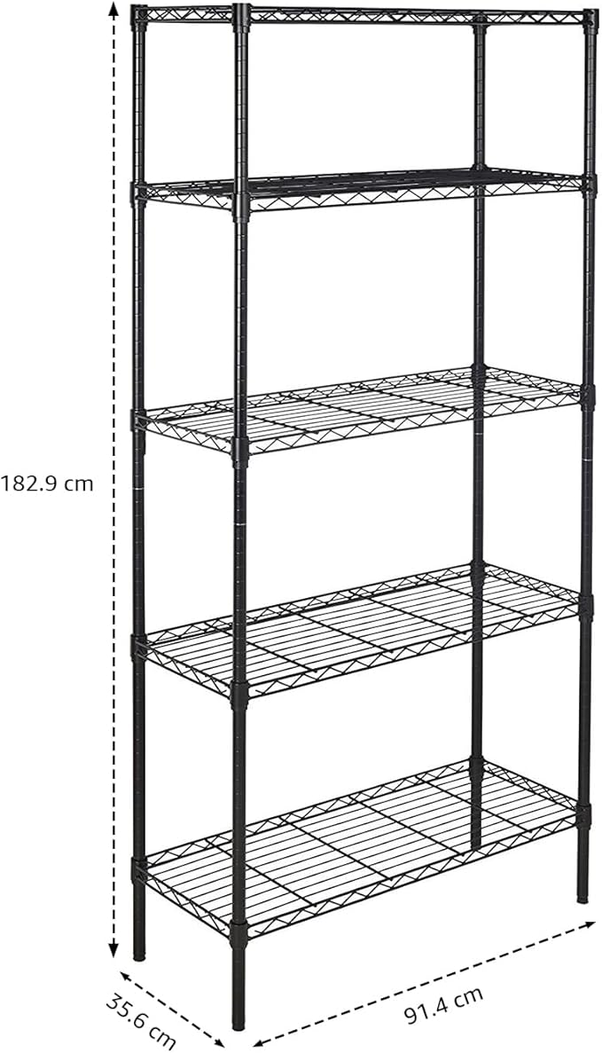 Amazon Basics 5-Shelf Adjustable Heavy Duty Steel Wire Storage Shelves for Garage, Kitchen, Easy Assembly, 36" x 14" x 72", Black