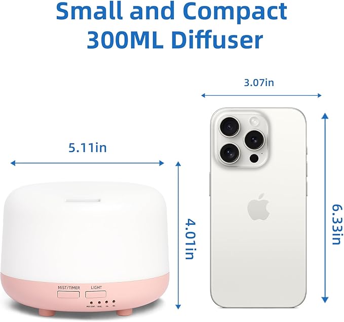 SPLITSKY 300ML Essential Oil Diffuser, Cool Mist Small Diffuser with Remote Control, 7 Color Changing LED Light, 4 Timer Settings,Waterless Safety Shut Off, for Bedroom, Room, Office(Pink)