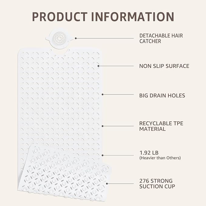 OTHWAY Bath Mat for Tub Non Slip: 39" X 17" Long Bathtub Mat with Hair Catcher│Big Drain Holes Shower Mats for Inside Shower│Machine Washable (White)