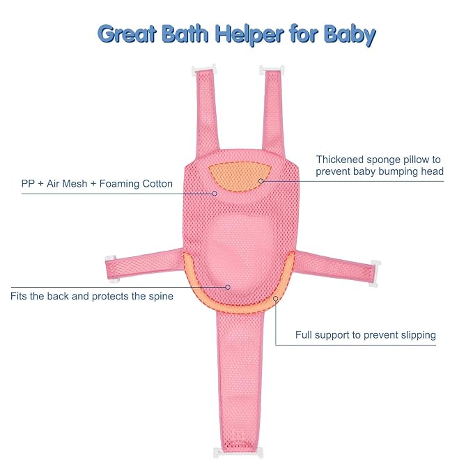 Colorlife Baby Bath Seat Support Net Infant Bathing Seat Support Mat, Adjustable Comfortable Non-Slip Five-Pointed Baby Shower Net Bathtub Sit Up Mesh for Newborn 0-6 Months-Pink(No Bathtub)