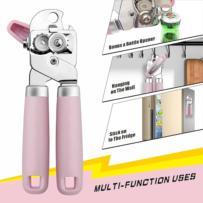 PrinChef Can Opener Manual, Can Tin Bottle Opener with Magnet - No-Trouble-Lid-Lift, Handheld Can Opener Smooth Edge with Sharp Blade, Heavy Duty and Easy to Use, for Seniors with Arthritis, Pink