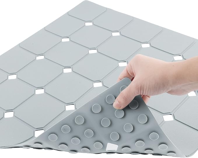 Shower Mat Non Slip 21"x21" Silicone Foldable Bath Mat with Suction Cups & Drain Holes, Odorless, Eco-Friendly & Durable, Machine Washable Shower Stall Mat for Adults, Seniors Grey