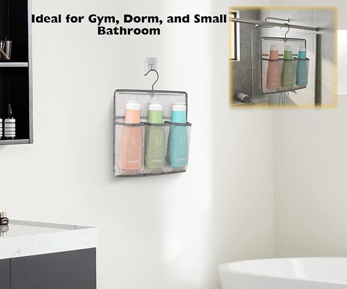 ALYER Mesh Shower Organizer, Shower Caddy with Rotating Detachable Metal Hanger, Quick Dry Bathroom Storage for Toiletry Accessories, Portable Shower Bag for RV, Dorm, Gym and Travel, Gray
