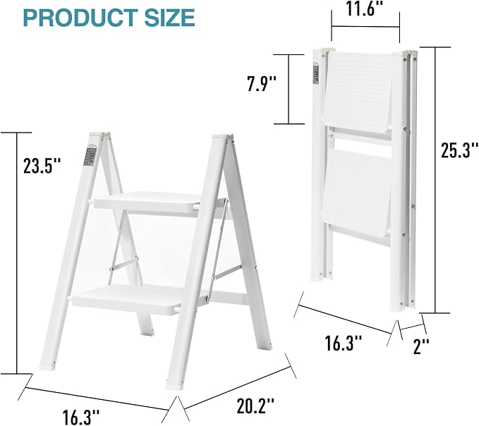 BOCOM 2 Step Ladder, Lightweight Portable Foldable Collapsible Folding Sturdy Iron Metal Step Stool with Anti-Slip Wide Pedal, Heavy Duty 330 lbs Capacity, for Home, Kitchen, Closet, Adults, White
