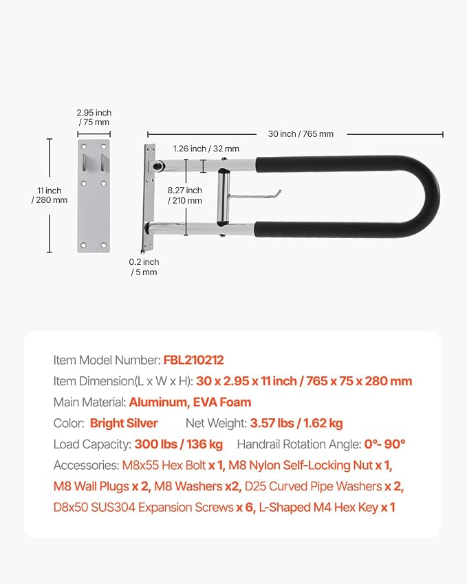VEVOR Toilet Safety Rail, 30 Inch U-Shaped Handicap Grab Bar, Foldable Senior Safety Pole, Flip Up Toilet Grab Bars with Anti-Slip Handle, 300 Lbs Load Capacity Security Handrail with Paper Holder