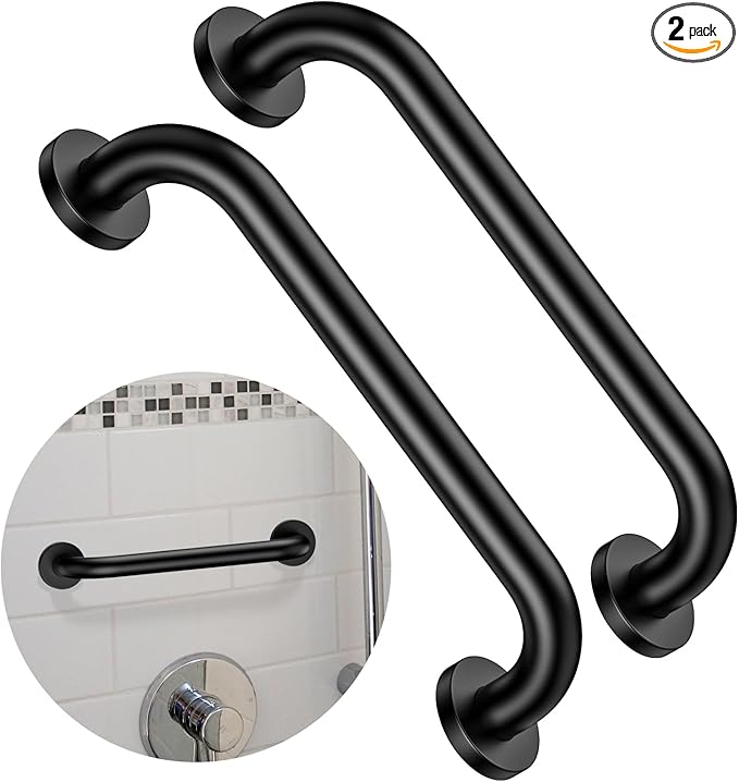 2 Pack 12 Inch Matte Black Shower Grab Bar,ZUEXT Stainless Steel Wall Mount Safety Grab Bar Handle,Bathroom Balance Bar, Safety Hand Rail Support - Handicap, Elderly, Injury, Senior Assist Bath Handle
