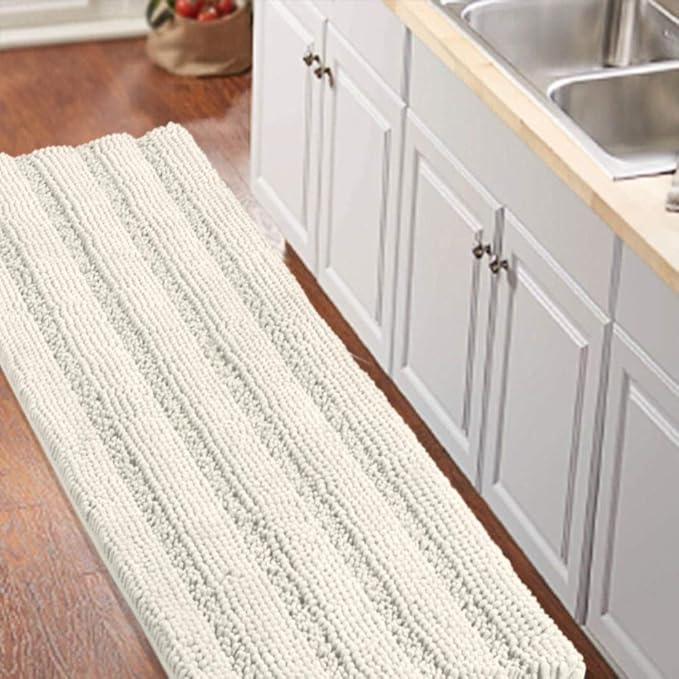 Turquoize Non-Slip Kitchen/Bath Rug Runner Luxury Chenille Shaggy Bathroom Rug Mat Cream Bath Mat, Ultra Soft and Cozy, Super Absorbent Large Shaggy Rugs, Washable Carpet Kitchen Mats, 59"x20", Cream