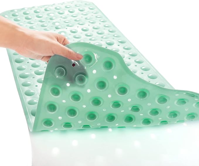TEESHLY Bath Tub and Shower Mats, Non-Slip 39 x 16 Inch Extra Long Bathtub Mat, Machine Washable BathMat with Drain Holes, Suction Cups for Bathroom (Opaque Pale Green)