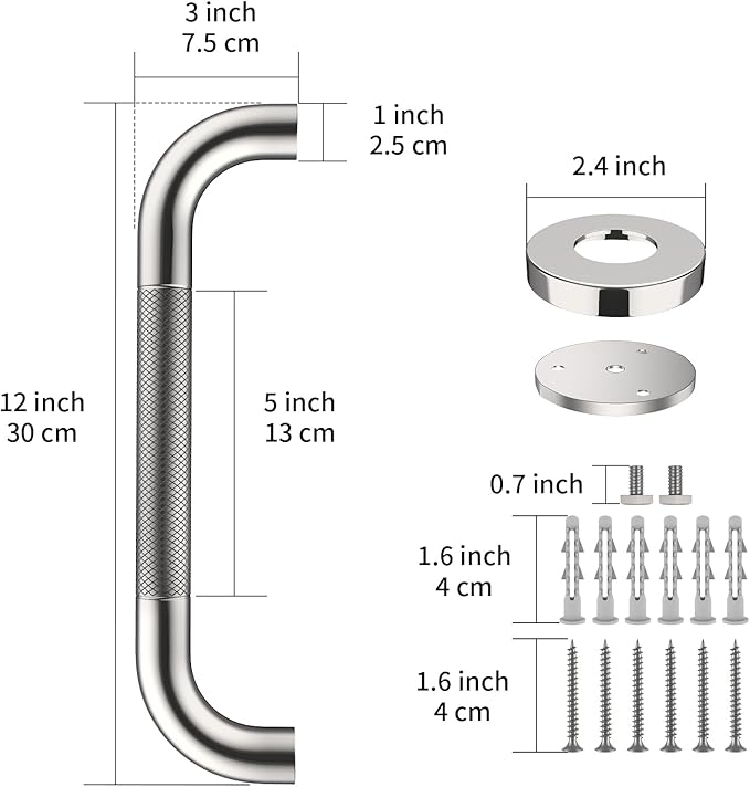 12 Inch Anti Slip Shower Grab Bar Handle, ZUEXT Chrome Finish Stainless Steel Bathroom Grab Bar, Knurled Bathroom Balance Bar,Safety Hand Rail Support,Handicap Elderly Injury Senior Assist Bath Handle
