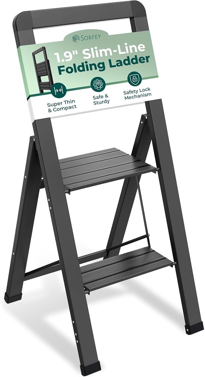 Step Ladder 2 Step Folding, Decorative - Modern Beautiful Black Aluminum,Lock Mechanism, Ultra Slim Profile, Anti Slip Steps, Sturdy-Portable for Home, Office, Kitchen, Photography Use,by SORFEY