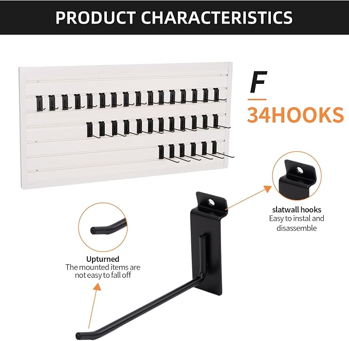 Slatwall Hangers & Hooks 34 Pcs 4-8 Inch, Metal Slatwall Paneling Hooks for Garage, Shop, Retail Display (Black)