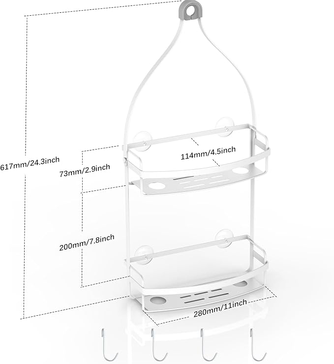 Meangood Shower Caddy Over Shower Head, White Anti-Swing Hanging Shower Caddy with 4 Remove Hooks for Razor, Sponge, Towels Rustproof Shower Organizer for Bathroom