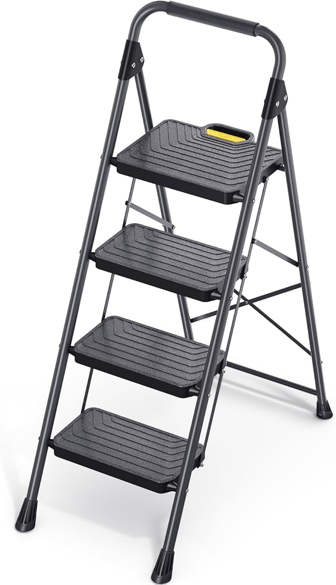 TOOLF 4 Step Ladder, Sturdy Steel Step Stool with Anti-Slip Wide Pedals, Handrail, Safe-Lock Design, Folding Portable Ladder for Multi-Purpose, Home, Kitchen, Pass 800lbs Load Testing, Black