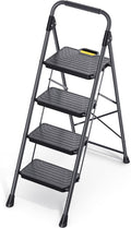 TOOLF 4 Step Ladder, Sturdy Steel Step Stool with Anti-Slip Wide Pedals, Handrail, Safe-Lock Design, Folding Portable Ladder for Multi-Purpose, Home, Kitchen, Pass 800lbs Load Testing, Black
