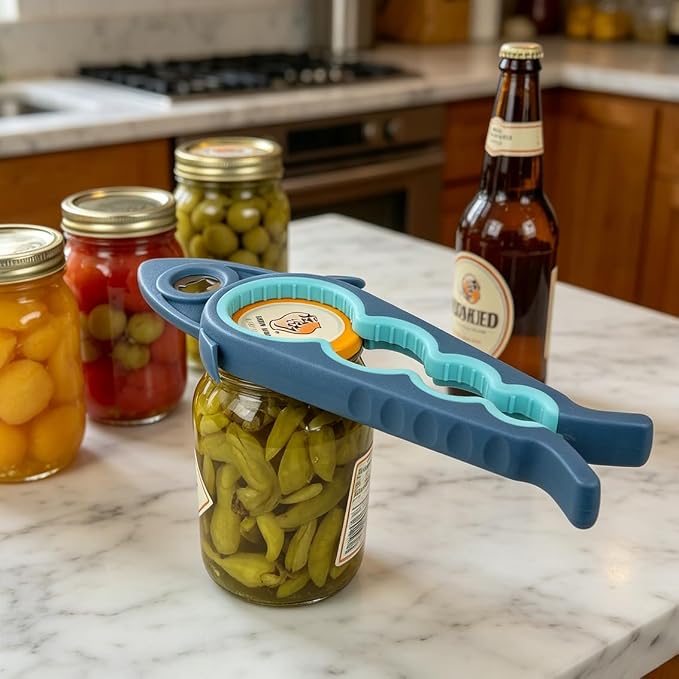 Jar Opener Bottle Opener for Arthritis, 5-in-1 Multifunctional Jar Opener, Easy to Use for Seniors and Weak Hands, Shark Shape Kitchen Gadget for jar, Beer and Bottle (Grey and Blue)