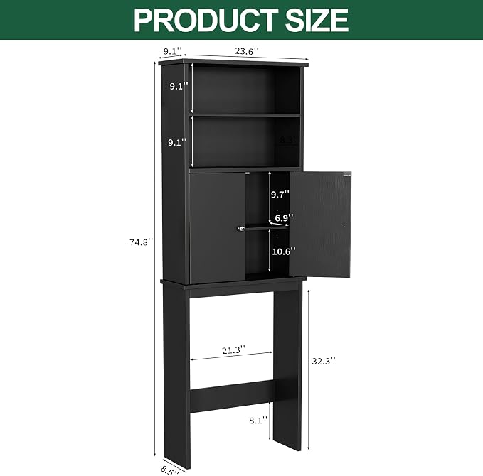Nuturelly Over The Toilet Storage Cabinet, Bathroom Storage Organizer with Adjustable Shelves and Double Wooden Doors, Freestanding Above Toilet Storage with Open Shelf, Wooden Toilet Rack, Black
