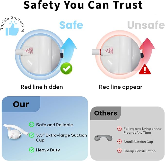 Patented Suction Shower Grab Bars 1-Pack, 5.5" Extra-Large Vacuum Cups with Safety Alert Line, Shower Handles for Elderly Suction Heavy Duty Shower Handle No Drill Installation