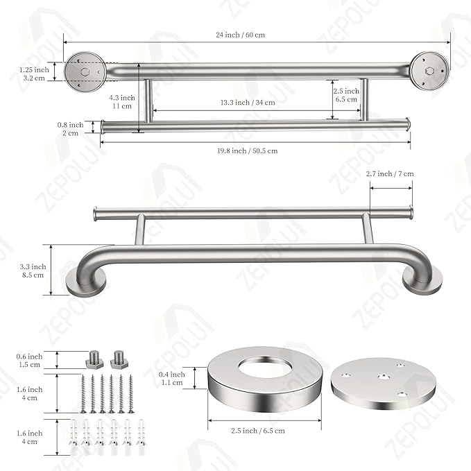 Brushed Nickel Towel Grab Bar 24 Inch - 1.25” Diameter, Zepolu Stainless Steel Safety Bar w/Towel Holder, Shower Assist Balanced Support Handle, Wall Mounted Bathroom Grab Rail for Senior Elderly