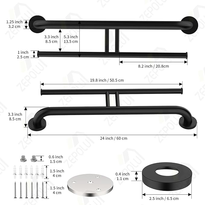 24 inch Black Grab Bar w/Double Roll Toilet Paper Holder, Zepolu 2-in-1 Safety Assist Bar Balanced Support Handle, Stainless Steel Wall Mounted Bathroom Toilet Grab Bar for Senior Elderly Handicap