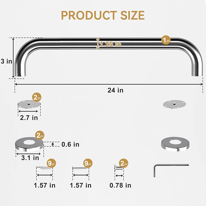 AmazerBath Grab Bars for Bathtubs and Showers Anti Slip, 24" L x 1.25" D, Handicap Grab bar Stainless Steel, Shower Grab Bars for Seniors, Bathtub Handle Grab Bars for Bathroom Holds 500LBS