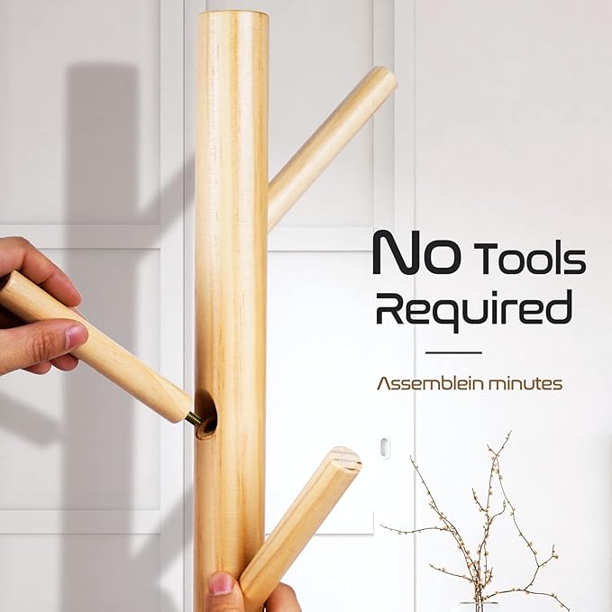 2 PC Wooden Coat Rack Freestanding with 8 Hooks & 3 Adjustable Sizes for Clothes, Space-Saving Design for Bedroom Office Entrance Holds Hats Coats Scarves Bags