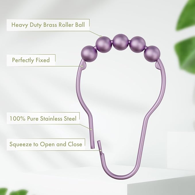 Amazer Shower Curtain Hooks, Rust Resistant Purple Shower Curtain Hooks for Bathroom, Stainless Steel Glide Shower Hooks Hangers for Bathroom Shower Rods Curtains, Set of 12 Hooks, Greyish-Purple