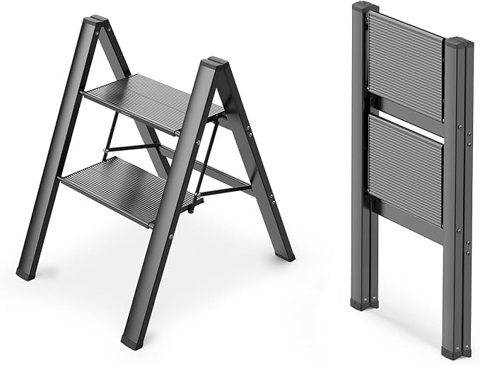 WOA WOA 2 Step Ladder, Foldable Step Stool, Aluminum Lightweight Ladder for Home Kitchen Closet, Anti-Slip Pedals, Ease of Folding, Portable, 300lbs Capacity - Black