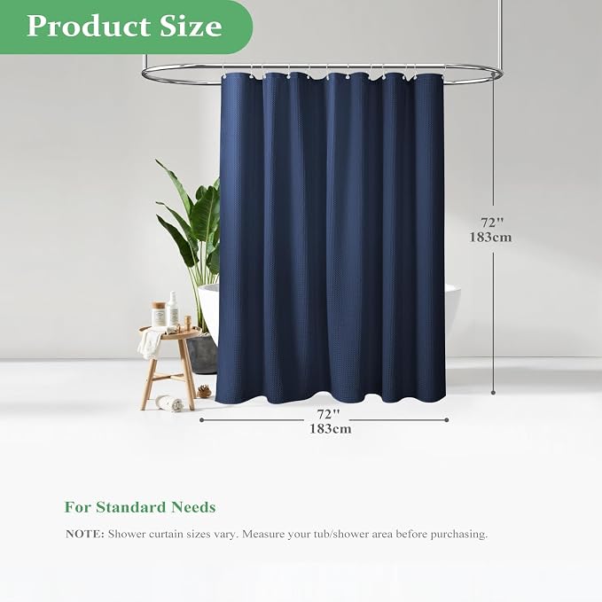 Dynamene Thick Fabric Shower Curtains for Bathroom - Waffle Weave Heavy Duty, 256GSM Hotel Spa Luxury Weighted Polyester Cloth Bath Curtain Set with 12 Plastic Hooks,72x72, Navy Blue