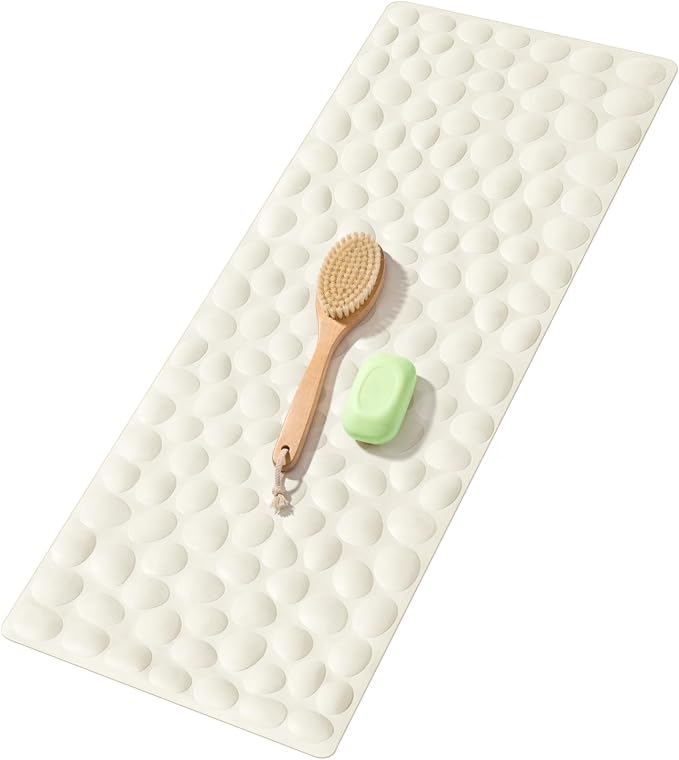 Bligli Bathtub Mat Non Slip, 16x40 inch Extra Long Bath Tub Mat with Strong Suction Cups, Soft Rubber Bathroom Floor Mat, Machine Washable, 100% BPA Free (Beige)