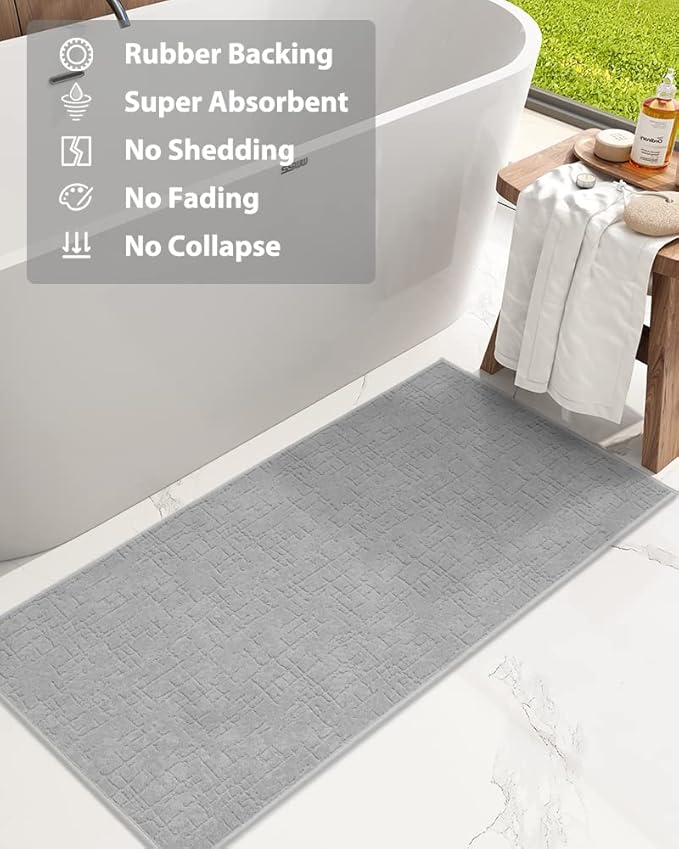 AMOAMI-Bath Mat-Absorbent Quick Dry Bathroom Floor Mats-Washable Rubber Backing Bath Mats for Bathroom Rugs Fit Under Door-Bath Rug for in Front of Sink Bathtub Shower Room, Grey 24''x70''