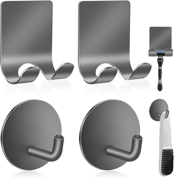 Diesisa Razor Holder 304 Stainless Steel for Shower + Adhesive Sticky Heavy Duty Waterproof Wall Hooks, Premium for Hanging Towels, Coat, hat (2+2 Pack) - Grey