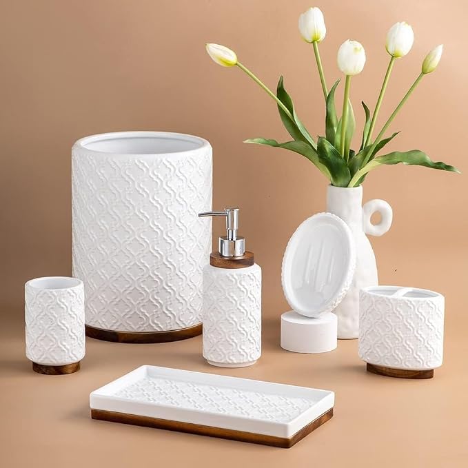 RQYIXI Bathroom Accessories Set 6 Pcs Ceramic Wooden Bathroom Set with Soap Dispenser Toothbrush Holder Tray Tumbler Soap Dish Trash Can（White）