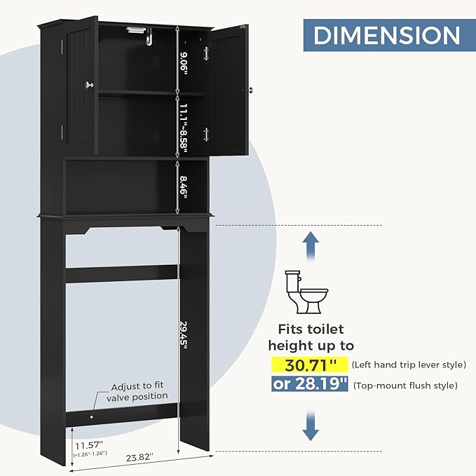 DUMOS Over the Toilet Storage Cabinet, Bathroom Storage Cabinet Over Toilets with Double Doors and Adjustable Shelf, Freestanding Toilet Rack for Bathroom, Black