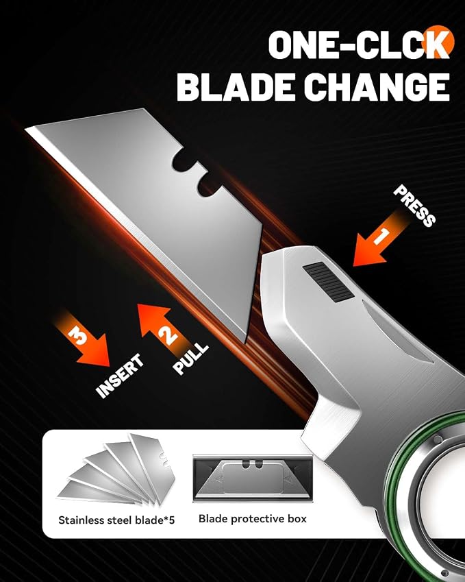 Folding Utility Knife Pocket Knife, Heavy-Duty Box Cutter with Anti Slip Finger Loop, Quick Change Blade Razor Knife, Box Cutters for Home, Office, Warehouse, Durable Razor Knife, Box Knife (Green)