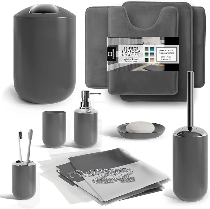 Clara Clark Bathroom Set - Gray Bathroom Accessories Set, Bathroom Sets with Shower Curtain and Rugs, 23PC Shower Curtain Set with Liner, Soap Dispenser, Soap Dish, Toilet Brush Holder, and Trash Can