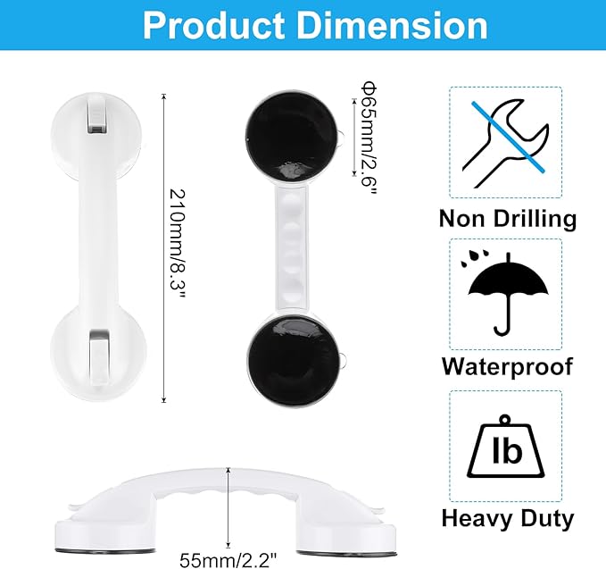 uxcell Grab Bars for Bathtubs and Showers, 8.3" Mirror Glass Door and Window Handles Powerful Shower Suction Cup Anti-Slip Safety Bars for Senior Shower Chairs White